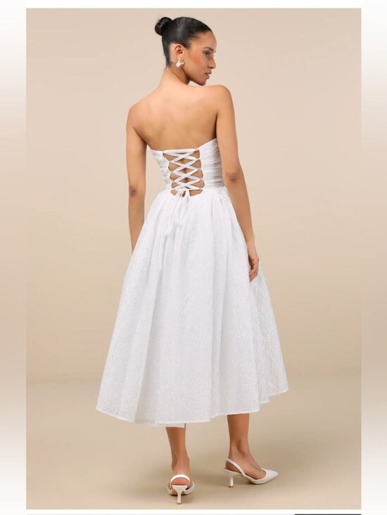 Lulus Dresses & Skirts - Lulus Analeia Ivory Jacquard Lace-Up Strapless Midi Dress Wedding Princess Small